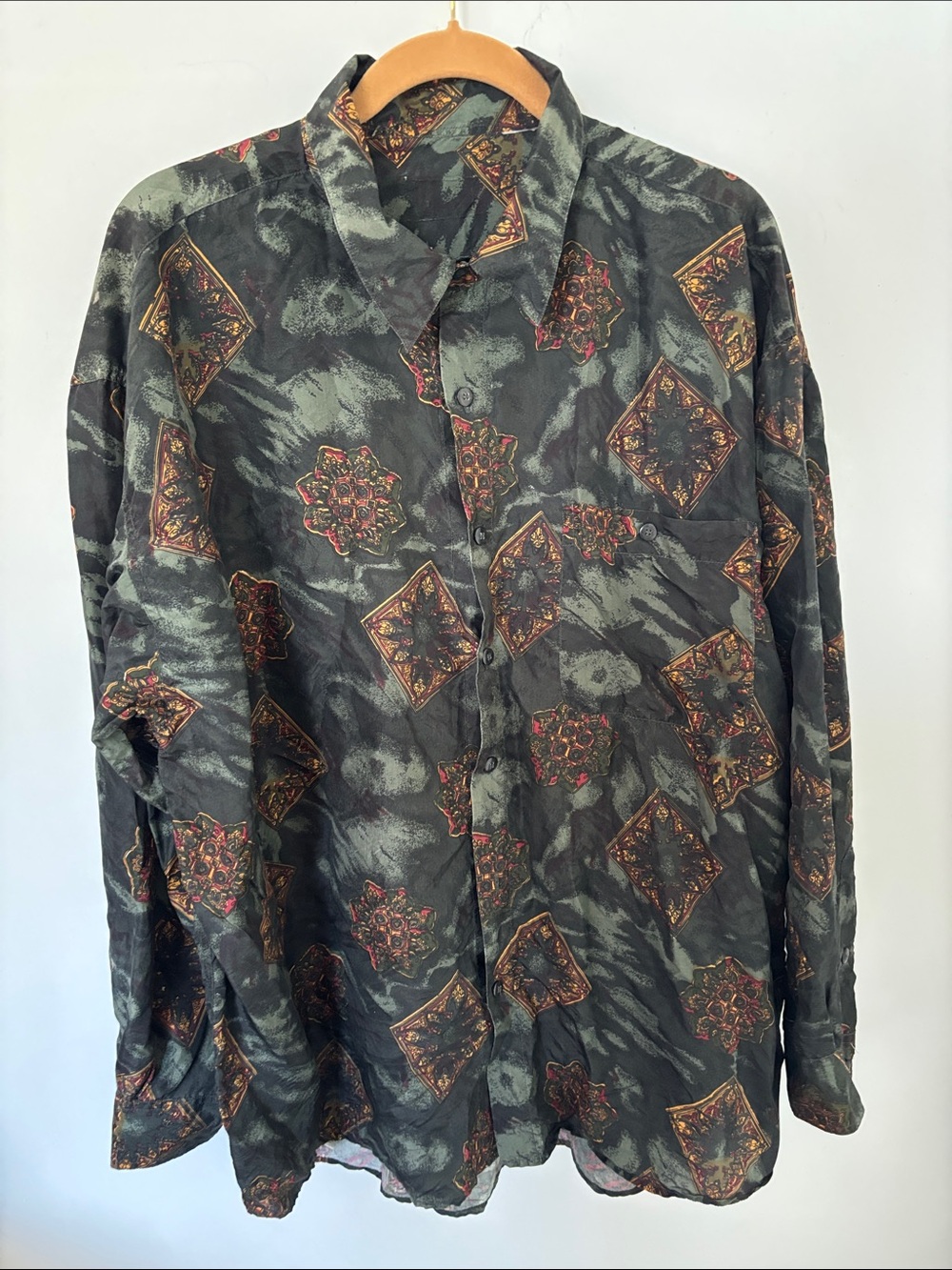 Vintage Express silk shirt, button down, greens/gold/red, wide sleeves, Size XL?